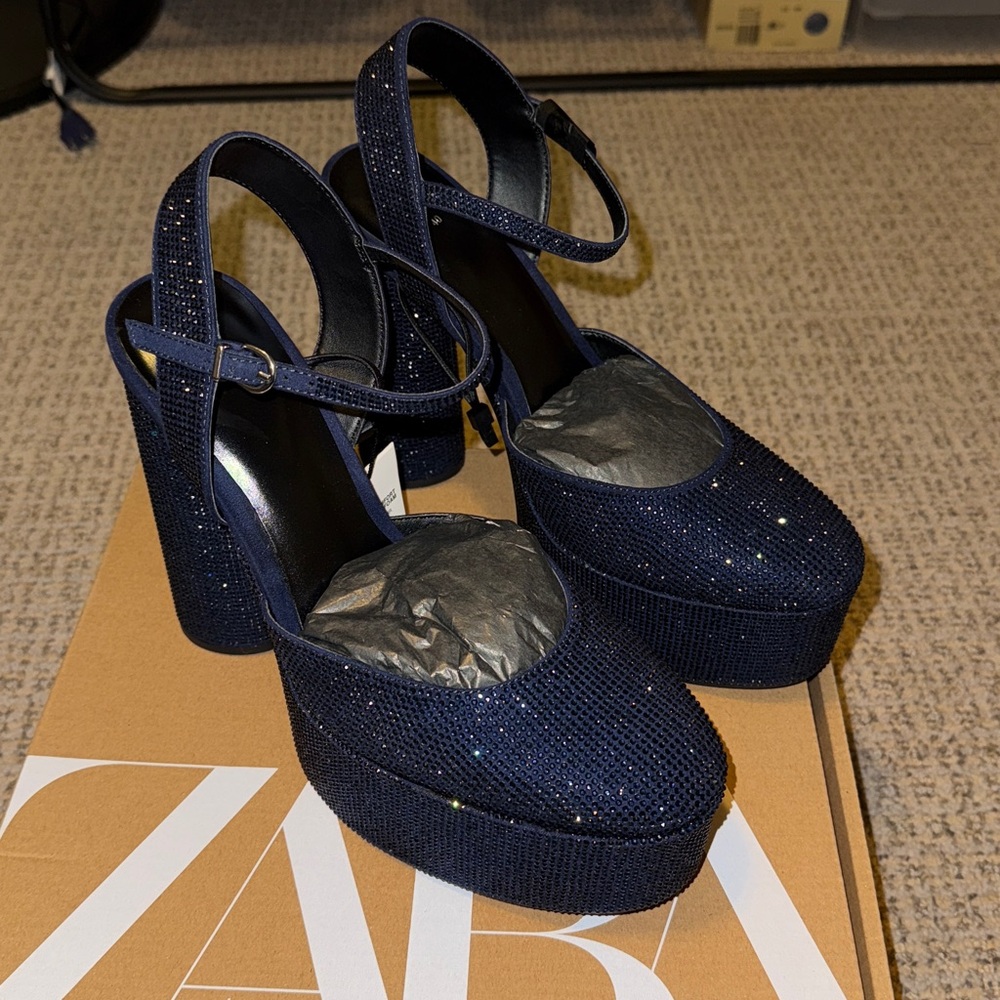 Zara Women's Sparkling Blue Platform Shoes Size 40